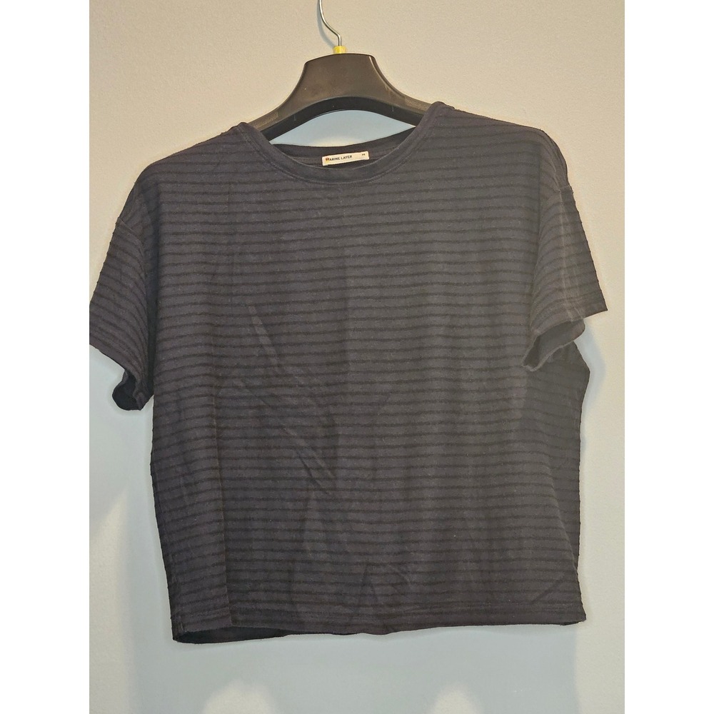 Marine Layer Womens Navy Blue Black Striped Boxy Crew Neck Short Sleeve Tee M